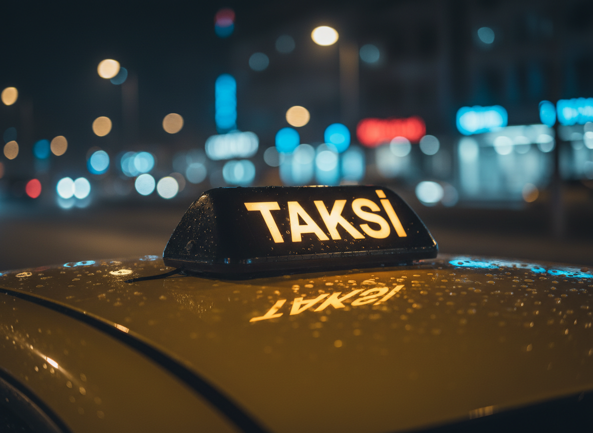 A close-up, photographic shot of a yellow taxi’s illuminated roof sign at night, with the word “TAKSİ” glowing in warm amber letters against a sleek, glossy black base. Raindrops bead delicately on the sign and the car roof, catching reflections from blurred city lights of Antakya in the background, rendered as colorful bokeh. The low-angle composition places the sign strongly in the foreground, with a shallow depth of field to emphasize its clarity and presence. Cool, slightly moody nighttime ambience contrasts with the warm glow of the sign, symbolizing safety and availability in all conditions, 7/24. The aesthetic is modern, minimal, and highly professional, perfect for reinforcing brand identity and round-the-clock service.