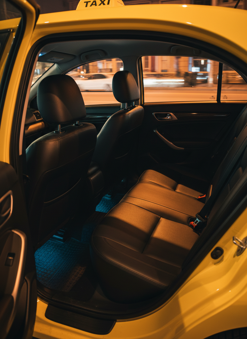 The interior of an immaculate yellow taxi in Antakya, photographed from the open rear door, showcasing a spotless black leather rear seat, neatly installed safety belts, and a digital taximeter softly glowing on the dashboard. Outside the side windows, the city lights of Antakya appear as a tasteful blur, suggesting motion and urban life without recognizable people. Warm, diffused street lighting creates gentle reflections on the dashboard and door panels, emphasizing cleanliness and comfort. Photographic realism with a slightly wide-angle lens, eye-level composition, and shallow depth of field to focus on the inviting, secure seating area. The atmosphere is professional, safe, and reassuring, highlighting comfort and reliability for night and day travel.