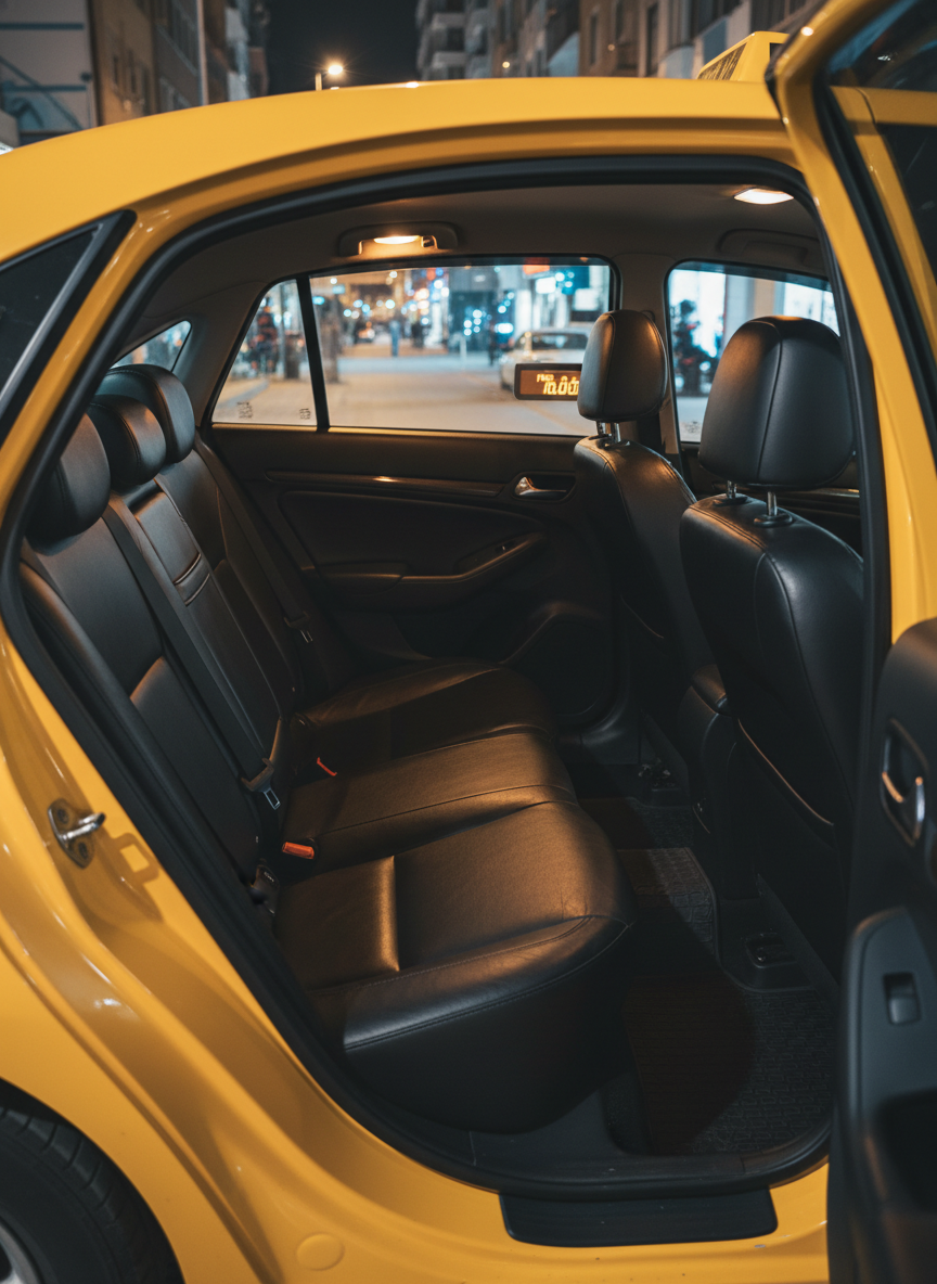 The interior of an immaculate yellow taxi in Antakya, photographed from the open rear door, showcasing a spotless black leather rear seat, neatly installed safety belts, and a digital taximeter softly glowing on the dashboard. Outside the side windows, the city lights of Antakya appear as a tasteful blur, suggesting motion and urban life without recognizable people. Warm, diffused street lighting creates gentle reflections on the dashboard and door panels, emphasizing cleanliness and comfort. Photographic realism with a slightly wide-angle lens, eye-level composition, and shallow depth of field to focus on the inviting, secure seating area. The atmosphere is professional, safe, and reassuring, highlighting comfort and reliability for night and day travel.