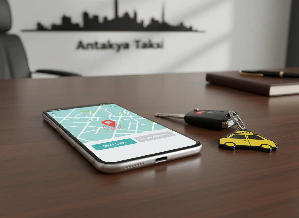 A photographic, eye-level shot of a modern smartphone lying on a tidy dark-wood desk beside car keys with a small yellow taxi icon keychain. The phone screen displays a clean Antakya Taksi booking interface with a stylized map of Antakya, a highlighted pickup pin, and clear “Şimdi Çağır” and “Rezervasyon Yap” buttons. Soft, focused overhead lighting creates gentle reflections on the phone’s glass, with the background fading into a tasteful blur of an organized office setting featuring a notepad and a subtle Antakya skyline illustration on the wall. The composition uses the rule of thirds, focusing attention on the screen while conveying tech-savvy professionalism. The mood is efficient, modern, and trustworthy, emphasizing easy, digital 24/7 taxi booking.