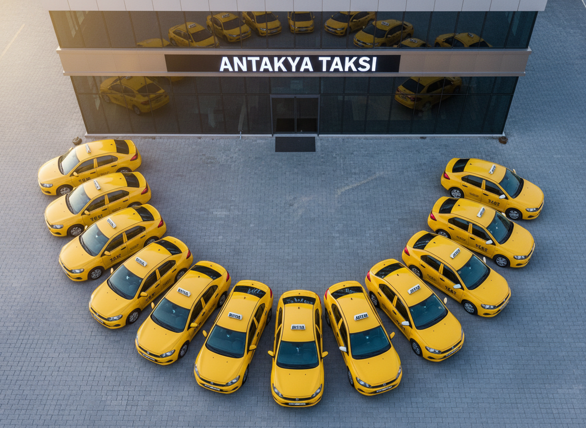 A bird’s-eye, photographic view of a small fleet of identical yellow Antakya taxis neatly arranged in a semi-circle on clean paving stones in front of a modern, glass-fronted dispatch office with the words “Antakya Taksi” on a sleek sign. The taxis’ roofs and illuminated signs form a clear visual rhythm, emphasizing organization and readiness. Soft, late-afternoon sunlight reflects off the glass façade and the taxis’ polished roofs, creating bright highlights and subtle shadows between vehicles. The composition is symmetrical and orderly, with sharp focus throughout to show operational scale and professionalism. The atmosphere is reliable, corporate, and efficient, ideal for conveying fleet strength and 7/24 availability on a business site.