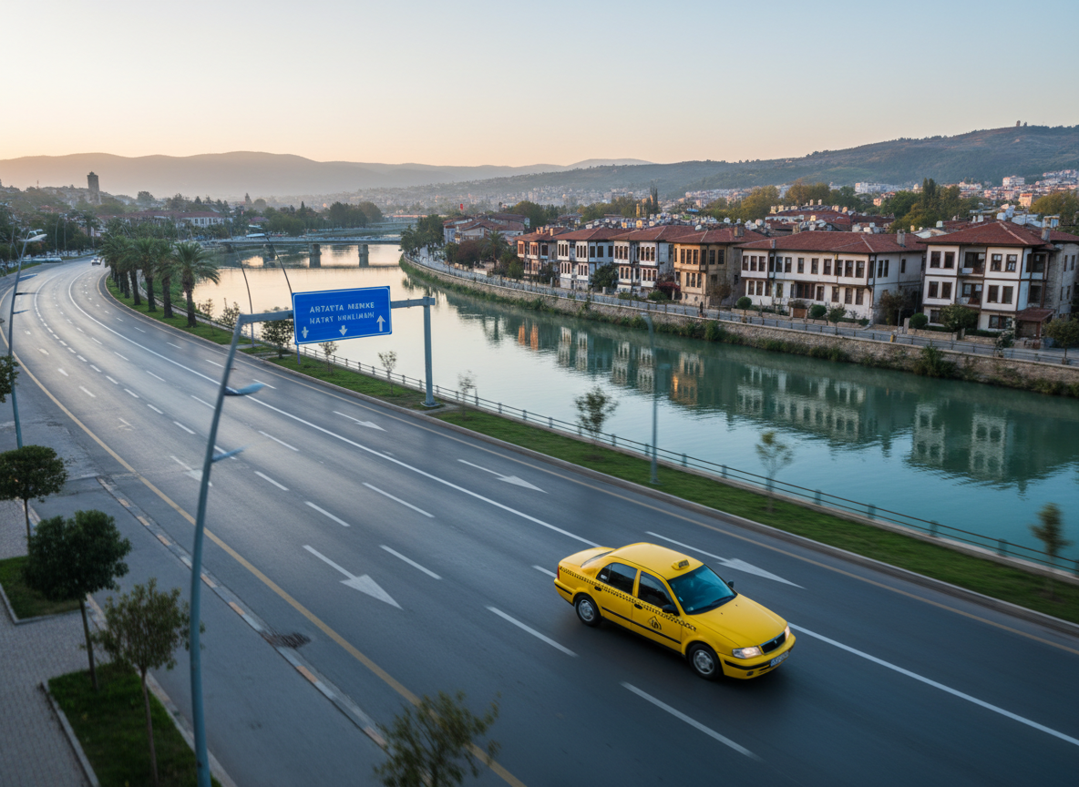 An elevated, wide-angle, photographic view of a bright yellow taxi speeding smoothly along a well-maintained riverside road in Antakya at early morning, with the Asi River and a line of softly lit buildings in the mid-ground and distant hills in the background. The road markings and directional signs are crisp, emphasizing order and safety. Soft, cool morning light casts subtle reflections on the car’s polished surface and long, gentle shadows on the asphalt. The composition follows the rule of thirds, with the taxi positioned dynamically in the lower right, creating a sense of fast yet controlled motion. The mood is energetic but calm, symbolizing punctual, 24/7 service and efficient citywide coverage.