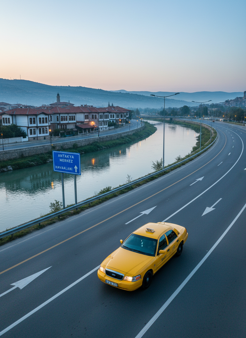 An elevated, wide-angle, photographic view of a bright yellow taxi speeding smoothly along a well-maintained riverside road in Antakya at early morning, with the Asi River and a line of softly lit buildings in the mid-ground and distant hills in the background. The road markings and directional signs are crisp, emphasizing order and safety. Soft, cool morning light casts subtle reflections on the car’s polished surface and long, gentle shadows on the asphalt. The composition follows the rule of thirds, with the taxi positioned dynamically in the lower right, creating a sense of fast yet controlled motion. The mood is energetic but calm, symbolizing punctual, 24/7 service and efficient citywide coverage.