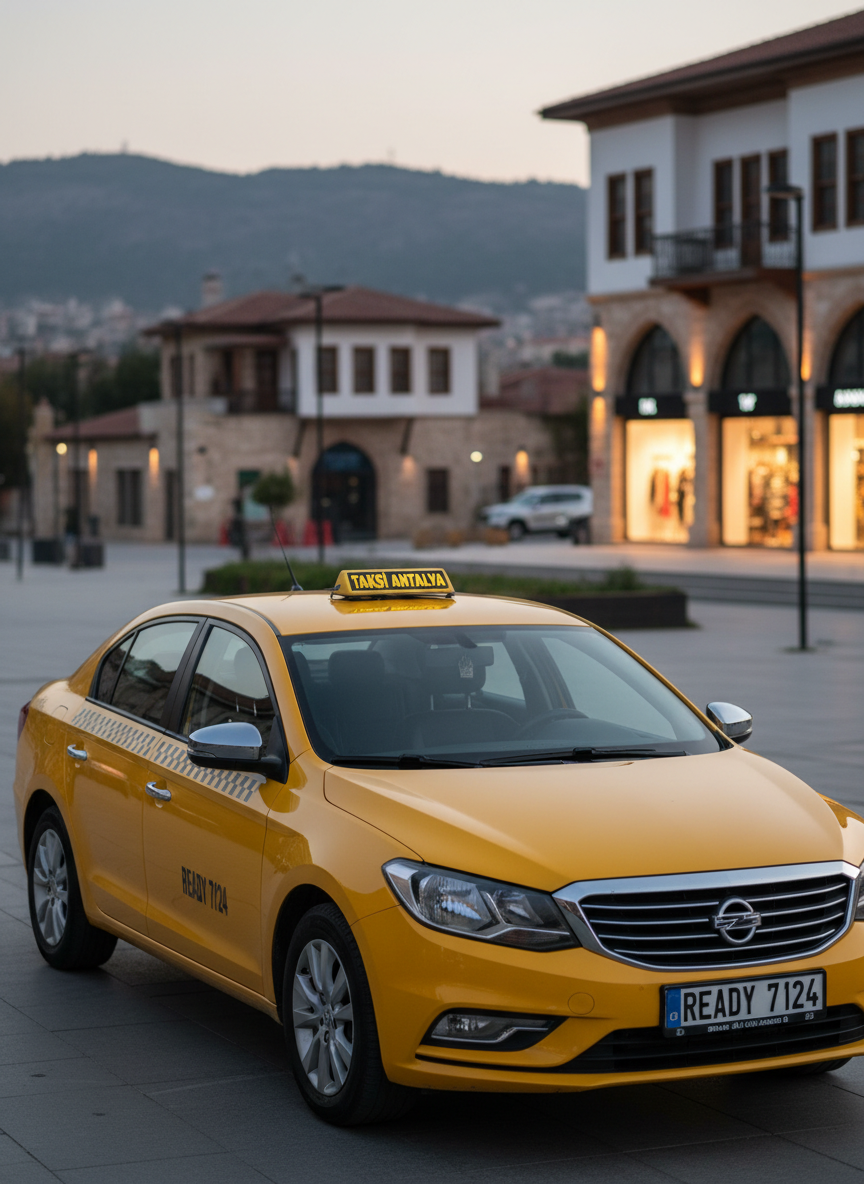 A meticulously clean, late-model yellow taxi sedan with glossy paint and a prominent illuminated roof sign reading “TAKSİ ANTALYA,” parked at the edge of a modern city square in Antakya at dusk. The car’s chrome details and clear windows reflect the warm golden hour streetlights and subtle glow from nearby shopfronts. The background shows softly blurred historic Antakya architecture and distant hills, creating depth without distraction. Photographic realism, shot from a slightly low, three-quarter front angle with sharp focus on the taxi and a gentle bokeh behind. The mood is professional, trustworthy, and ready 7/24, with crisp details and a clean, modern aesthetic suited for a business website hero image.