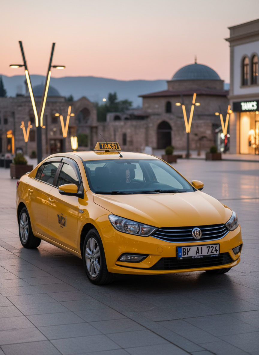A meticulously clean, late-model yellow taxi sedan with glossy paint and a prominent illuminated roof sign reading “TAKSİ ANTALYA,” parked at the edge of a modern city square in Antakya at dusk. The car’s chrome details and clear windows reflect the warm golden hour streetlights and subtle glow from nearby shopfronts. The background shows softly blurred historic Antakya architecture and distant hills, creating depth without distraction. Photographic realism, shot from a slightly low, three-quarter front angle with sharp focus on the taxi and a gentle bokeh behind. The mood is professional, trustworthy, and ready 7/24, with crisp details and a clean, modern aesthetic suited for a business website hero image.